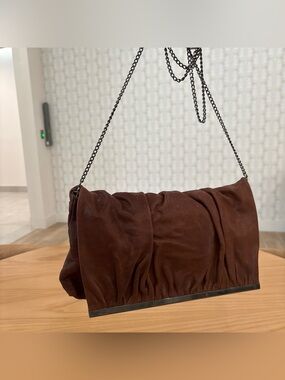 Malababa Spain Genuine Brown Leather Ruched Clutch Chain Shoulder Bag
